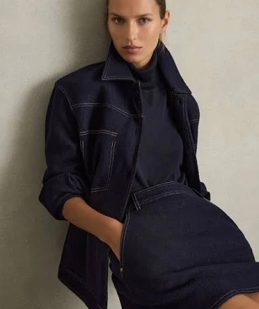Reiss Navy Wool-blend Topstitch Women Woven Shirt