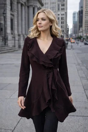 Willi Smith Wool Blend Ruffle Wrap Midi Jacket