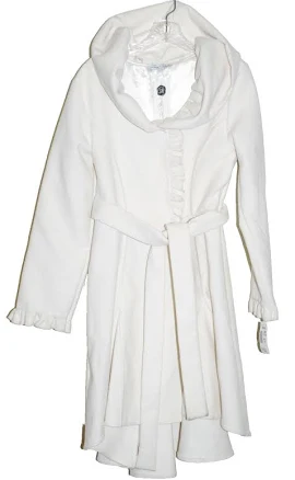 Hh Zone Bleue Paris France White Faux Wool Long Wrap Coat Ruffles Belt