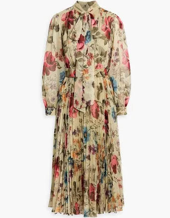 Mikael Aghal Pussy-bow Pleated Floral-Print Georgette Midi Dress