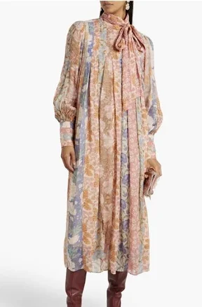 Zimmermann Pussy-Bow Chiffon Pleated Midi Dress size 0P