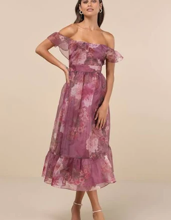 Lulus Off-the-Shoulder Floral Organza Midi Dress