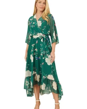 Yumi Women's Bird and Floral Print Midi Wrap Dress