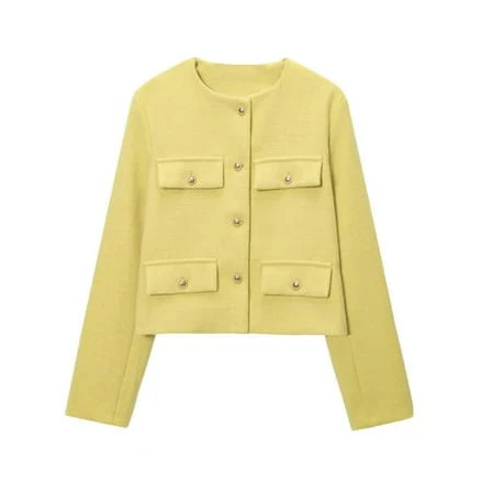 Ailaofu Women's Tweed Jacket Cropped Blazers Spring Summer Round Neck Business Work Office Plaid Jacket, Size: Medium