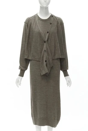 Lemaire Brown Merino Wool Blend Tie Front Cardigan Sweater Dress Xs