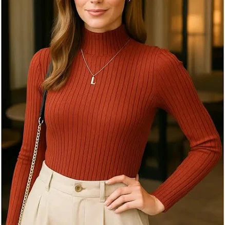 Anellace Women's Ribbed High Neck Long Sleeve Top