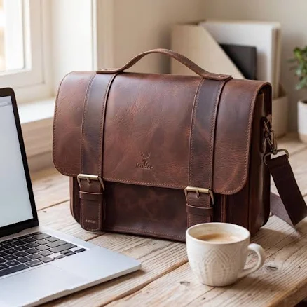 Black Handcrafted Full-Grain City Leather Briefcase - Fits 13"-16" Laptops