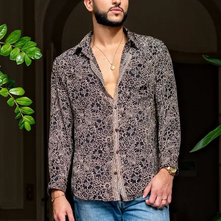 Men's Retro Chic Silk Shirt with French Collar and Long Sleeves