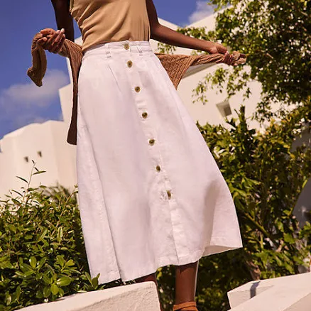 Lands' End Women's Linen Button Front Midi Skirt