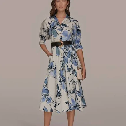 Donna Karan Women's Floral Print Cotton Midi Shirt Dress