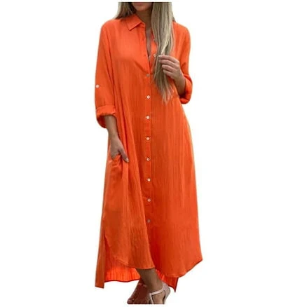 Women's Loose Fit Long Sleeve Cotton Linen Tunic Dress