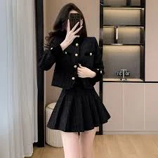 Yilda - Set: Tweed Contrast Collar Button-Up Jacket + High Waist Pleated Mini A-Line Skirt