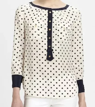 Tory Burch Silk Blouse 8 White Navy Polka Dot