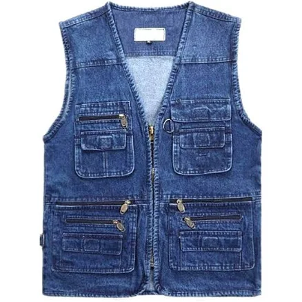 Men Denim Cargo Vest Gilet Multi Pockets Fishing Work Waistcoat Autumn