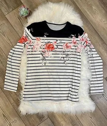 Floral Long Sleeve Striped Tee