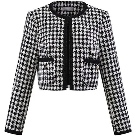 Houndstooth Women's Casual Round Neck Open Front Tweed Blazer