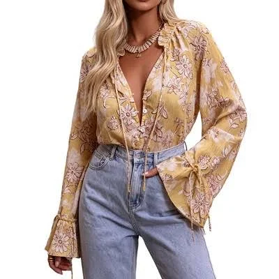 Women's Floral Print Ruffle V Neck Long Sleeve Blouse