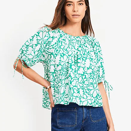 LOFT Women's Floral Tie Cuff Blouse