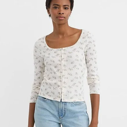 Loft Women's Floral Scalloped Ribbed Square Neck Cardigan