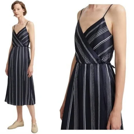 Theory || Hammered Silk Stripe Spaghetti Wrap Dress Midi Navy 4