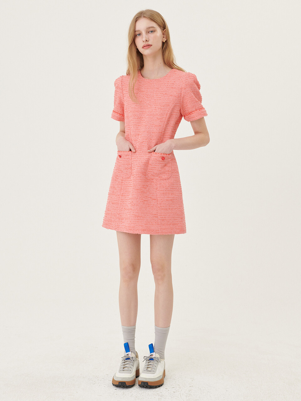 Tweed Half-Sleeved MIni Dress (Pink)