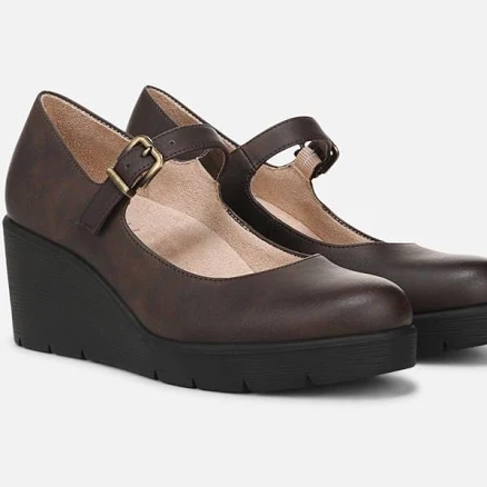 Soul Adore Mary Jane Wedge Shoes, Chocolate Brown Faux Leather, 9.0 Wide | Round Toe