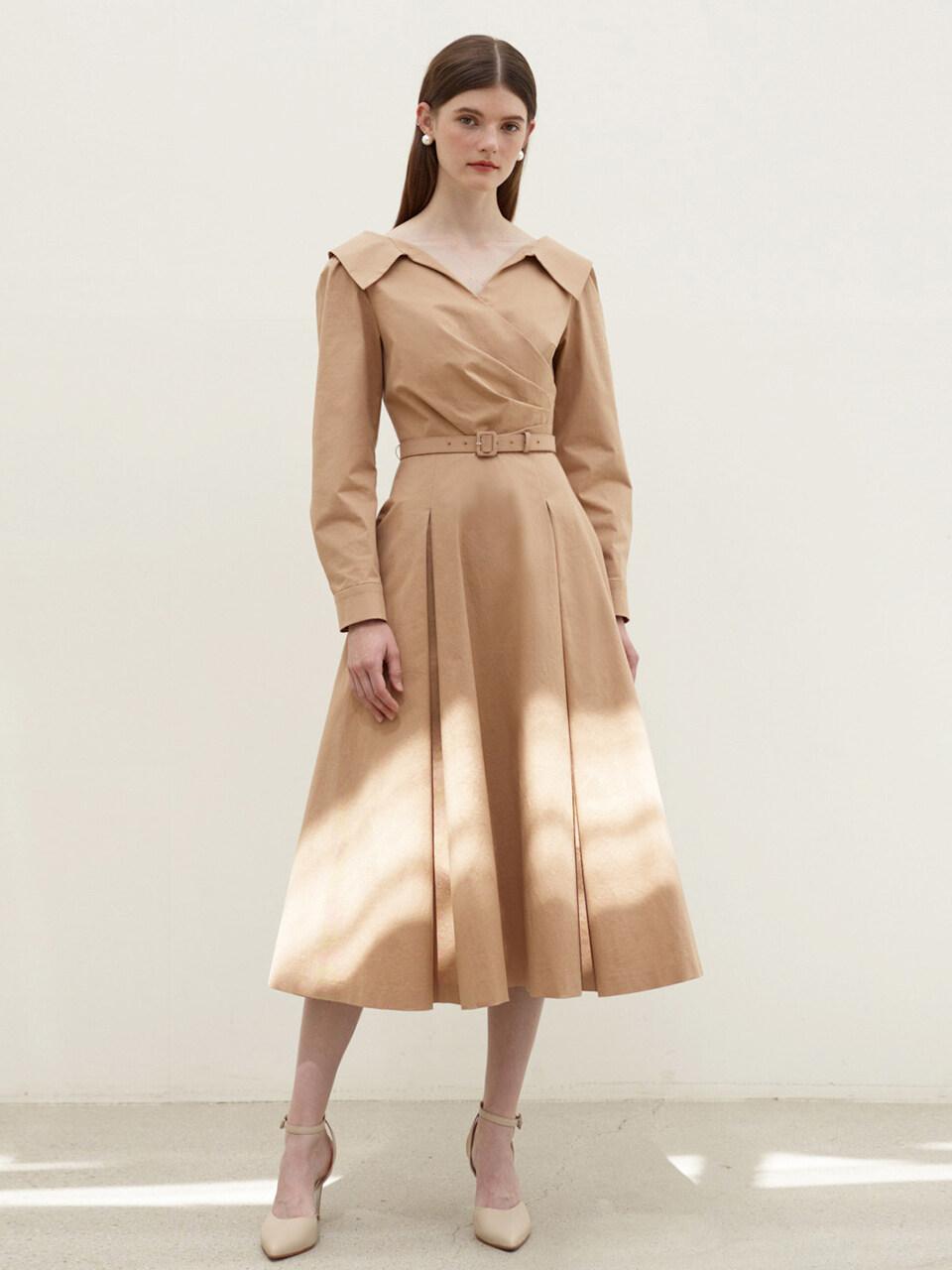 ELLIE V-neck shirt dress(Beige)