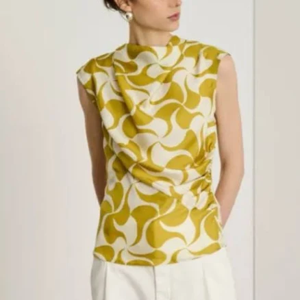 Soeur Tops | Nwot Soeur Eclat Silk Blouse Graphic Cowl Neck Sleeveless French Chic Top M | Color: White/Yellow | Size: L | Jodiechou's Closet