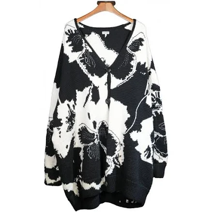Loewe Black & White Floral Wool Cardigan Coat XS