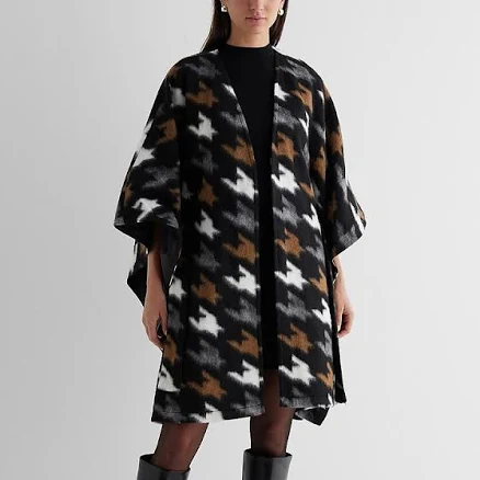Wool-Blend Houndstooth Belted Cape Coat
