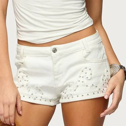 Edikted Women's Studded Patchwork Low-Rise Denim Shorts