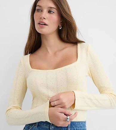 Loft Ribbed Sweetheart Neck Long Sleeve T-Shirt Size Medium Pale Honey Women's
