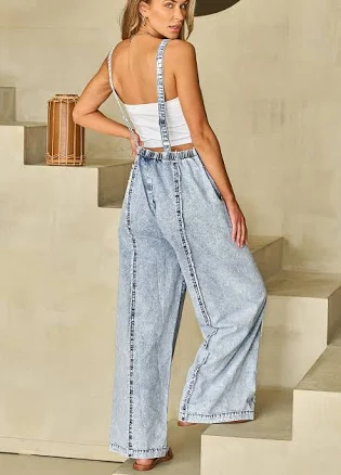 Beau Blue Wide Leg Denim Overall with Frayed Detail
