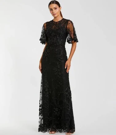 Mac Duggal Women's Flutter-Sleeve Floral Embroidered Lace Gown