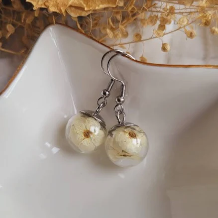 Spirea dried flower sphere earrings. Natural dried flower earrings