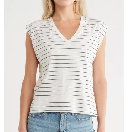 Nordstrom V-Neck Pima Cotton T-Shirt in Ivory- Black Lauren Stripe at Nordstrom Rack, Size Small