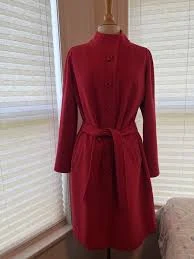 100% Cashmere Warm Women's Long Red Classic Collarless Coat Union Made In USA