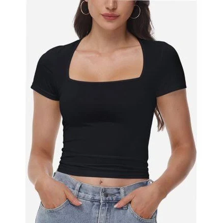 RmeKearg Women's Square Neck Crop Top - Short Sleeve Slim Fit T-Shirt, Casual Summer Workout Tee, Size: Small, Black