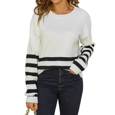 Womens Fall Fashion Long Sleeve Color Block Oversized Sweater Trendy Casual Crew Neck Knitted Pullover White S, Women's, Size: Small