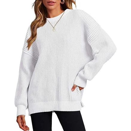 Zeagoo Women's Oversized Crew Neck Long Sleeve Color Block Rib Knit Pullover Sweater Tops, Size: XS, White