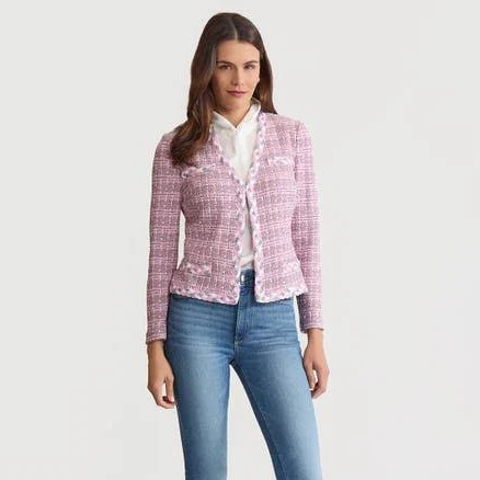 Misook Tailored Braided Trim Tweed Knit Jacket in Pink/blue/black/white at Nordstrom, Size 1 X