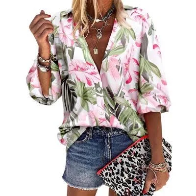 Women's Hawaiian Floral Print Long Sleeve Button Down Shirt