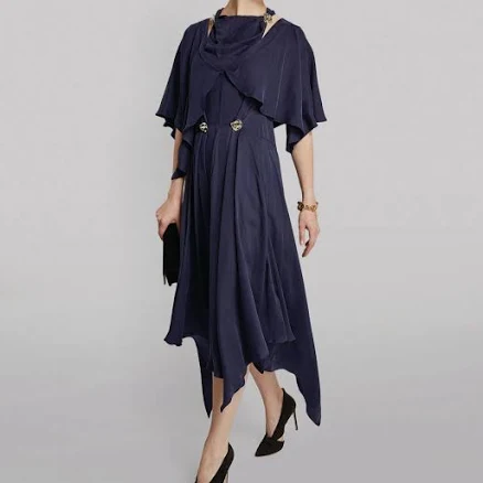 $1990 Jw Anderson Women's Blue Draped Cape Gold Button Midi Dress Size