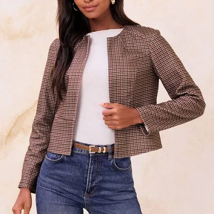 Lipsy Women's Cropped Check Collarless Blazer