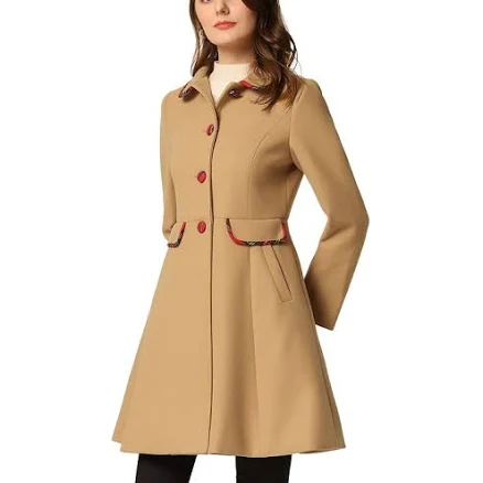 Women's Peter Pan Collar Contrast Trim Single Breasted Winter Long Coat, Size: Large, Khaki