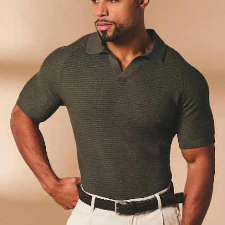 Textured Knitted Open Collar Polo Shirt