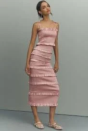 V. Chapman Lily Ruched & Ruffled Stretch Satin Midi Dress