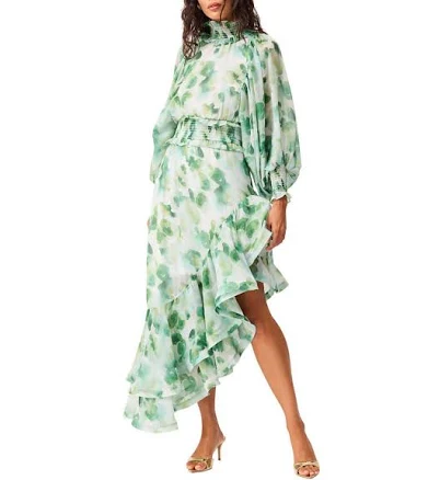 ELLIATT Women's Floral Printed Georgette Smocked High Neck Long Sleeve Midi