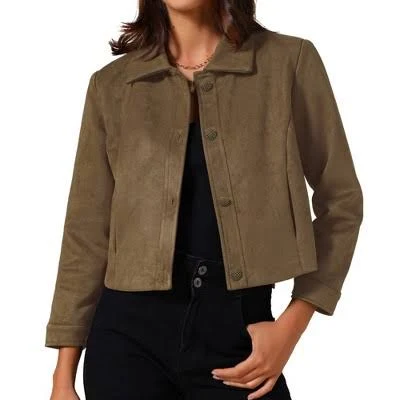 INSPIRE CHIC Women's Faux Suede Collared Vintage Long Sleeve Button Down Crop Jacket