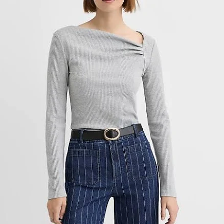 Loft Women's Petite Heathered Asymmetrical Neck Ribbed Top